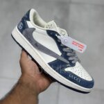 نایک ایر جردن وان لو گوچی سفید طوسی سرمه ای جیر Nike Air Jordan 1  Low Gucci White Grey Navy Suede