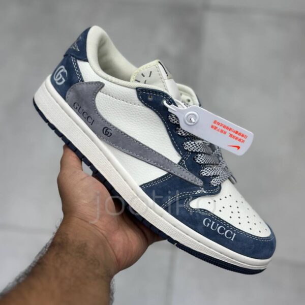 13790575 نایک ایر جردن وان لو گوچی سفید طوسی سرمه ای جیر Nike Air Jordan 1 Low Gucci White Grey Navy Suede