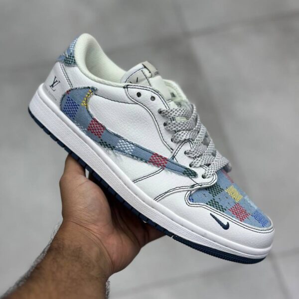13793071 نایک ایر جردن وان لو لویی ویتون سفید جین چهارخونه رنگی Nike Air Jordan 1 Low Louis Vuitton White Checkered Denim
