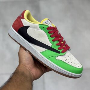 نایک ایر جردن وان لو سفید سبز، قرمز، مشکی و زرد Nike Air Jordan 1 Low White Green, Red, Black and Yellow