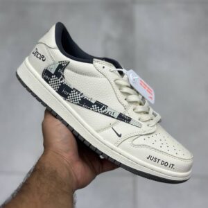 نایک ایر جردن وان لو دیور کرم طوسی تیره Nike Air Jordan 1 Dior Dark Grey Cream