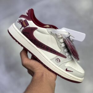 نایک ایر جردن وان لو استاسی کرم زرشکی Nike Air Jordan 1 Low Stussy Cream Burgundy