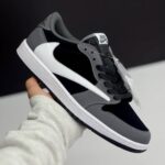 کفش نایک ایر جردن وان لو تراویس اسکات مشکی طوسی چرمی  Nike Air Jordan 1 Low Travis Scott Black Grey Leather