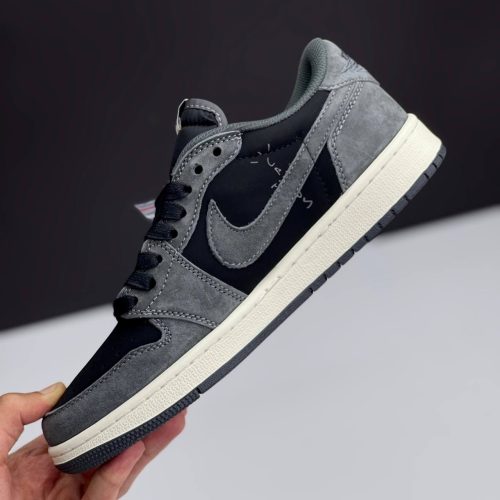 کفش نایک ایر جردن وان لو تراویس اسکات مشکی طوسی سوئد Nike Air Jordan 1 Low Travis Scott Black Grey Suede