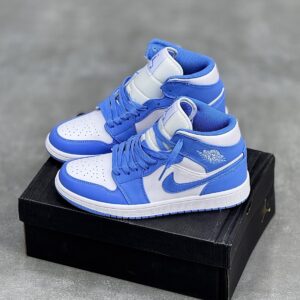 کفش نایک ایر جردن وان ساقدار سفید آبی Nike Air Jordan 1 High White Blue