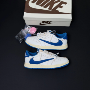 کفش نایک ایر جردن وان لو فرگمنت تراویس اسکات میلیتاری آبی کرم Nike Air Jordan 1 Low Fragment Travis Scott Military Blue Cream