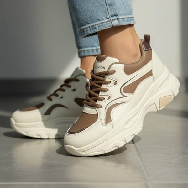 کتونی اسپرت لژدار طبی مدل پرنده ترند 2026 کرم قهوه‌ای Women’s Bird Style Platform Orthopedic Trend 2026 Cream Brown Sneakers