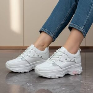 کتونی اسپرت لژدار فانتزی سفید نقره‌ای ورنی Women’s Platform Fashion White Silver Patent Sneakers