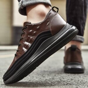 کتونی مردانه اسپرت طرح چرم تمساح قهوه‌ای مشکی Men’s Crocodile Pattern Leather Sport Sneakers Brown Black